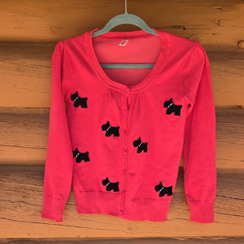 Women's Pink Sweater with Black Scottie Dog Pattern